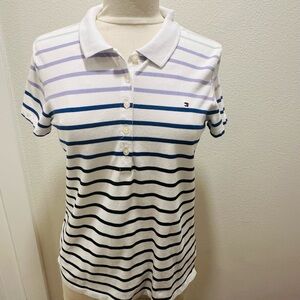 Tommy Hilfiger Women's Striped Polo Shirt - White and Blue